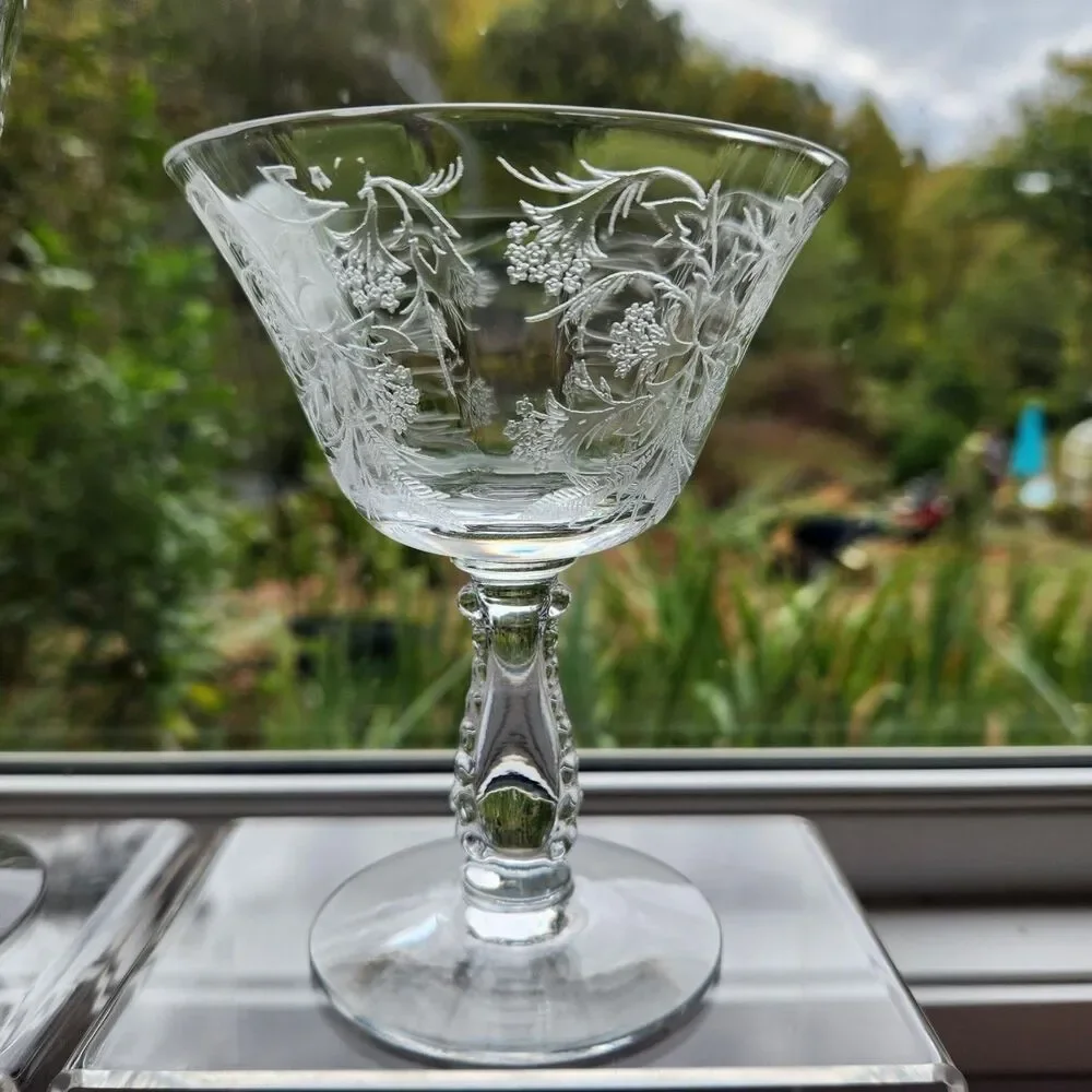 Fostoria Glass Heather Etch Champagne Coupe Glasses Set of 2 Sherbert  Vintage